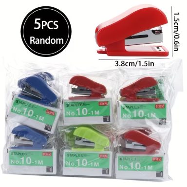 Set van 5 mini nietmachines en nietjes in willekeurige kleuren, kantoorgereedschap en benodigdheden voor het organiseren van bestanden op he